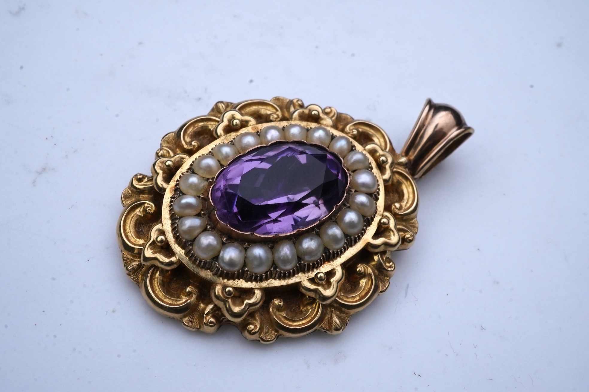 An early Victorian sentimental amethyst and half pearl pendant, circa 1843